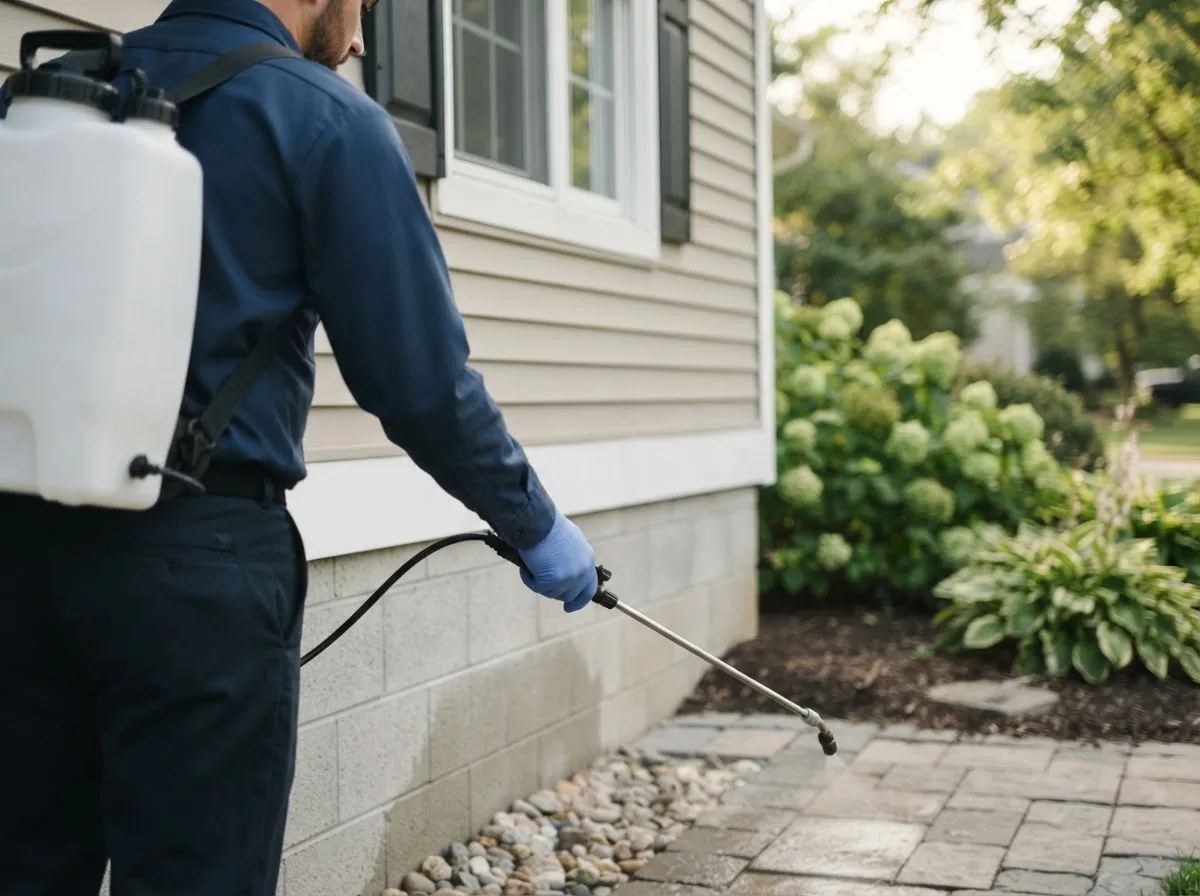 Pest control technician inspecting a home in Hershey, PA